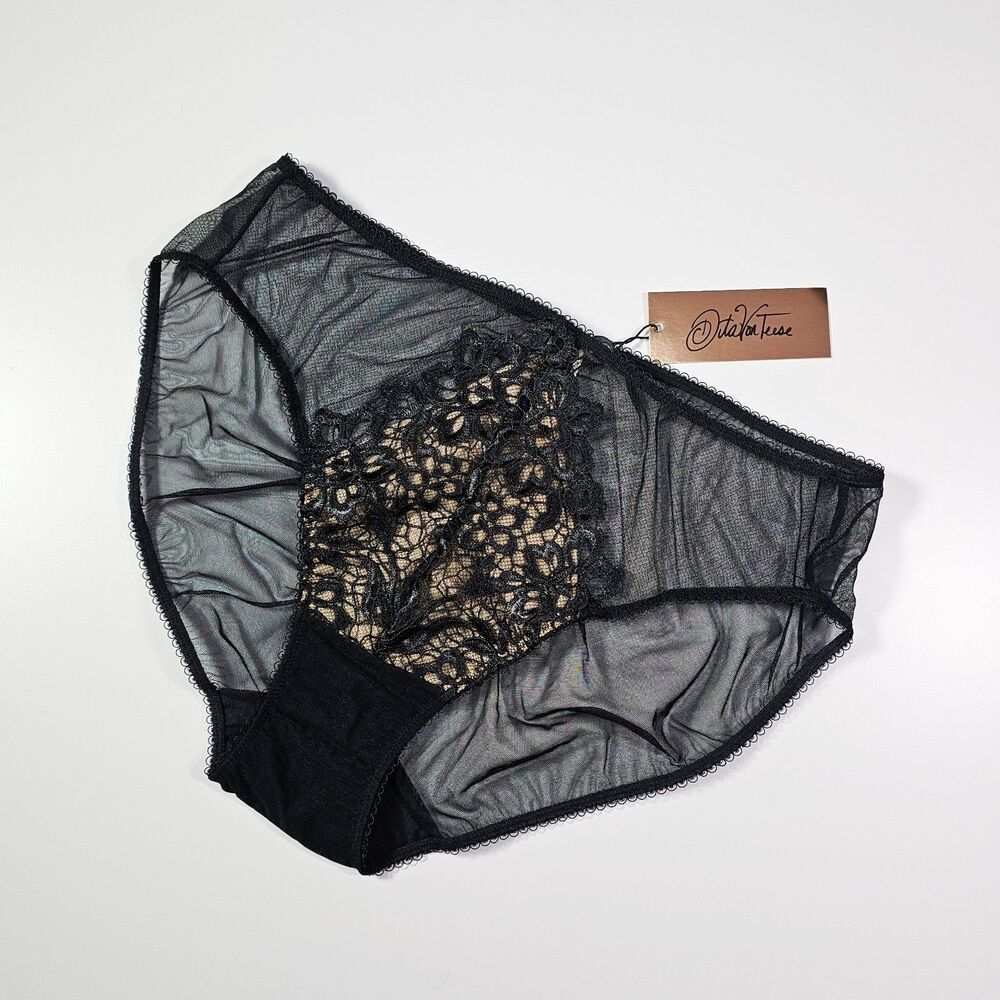 Dita Von Teese Dahlia Black Hi Cut Brief Panties Sheer Lace Size L NWT